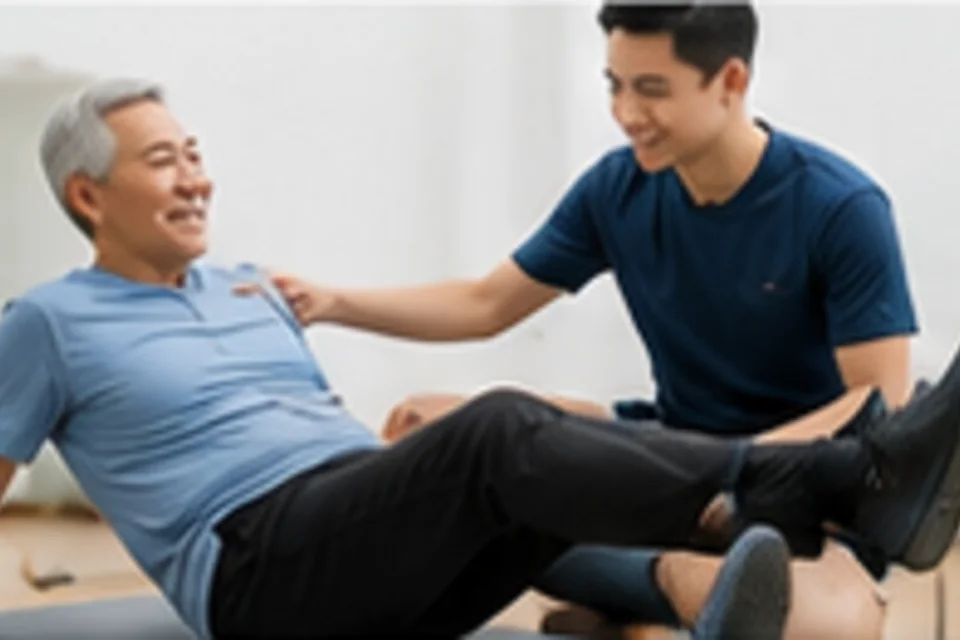 An older adult correctly performing thigh-strengthening exercises under the guidance of a physiotherapist