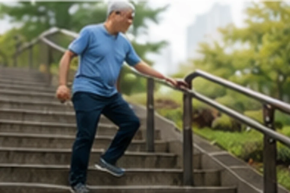 A patient practicing correct stair climbing by holding the rail and leading with the stronger leg