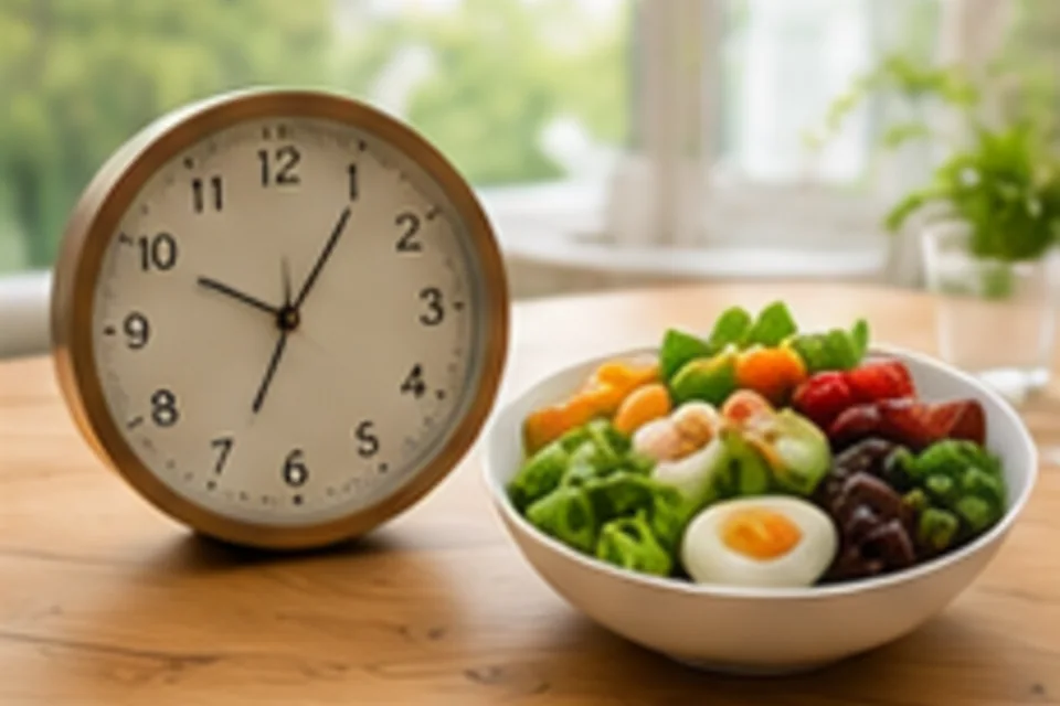 ผู้รับบริการดูนาฬิกาและจานอาหารเพื่อวางแผนช่วงเวลาการกินแบบ intermittent fasting