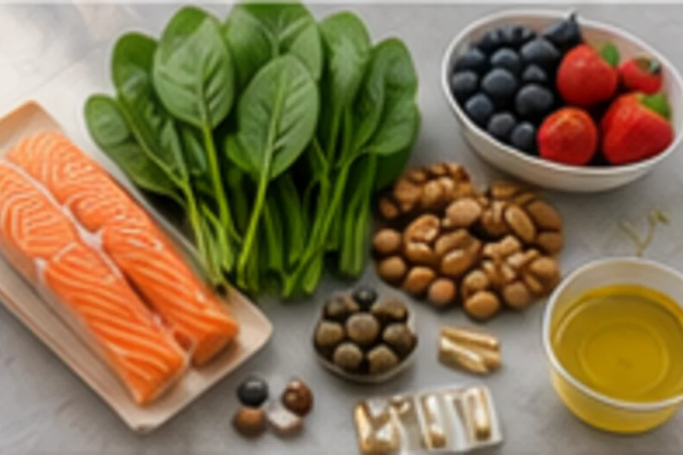 A plate of anti-inflammatory Mediterranean food with fish, vegetables, and olive oil