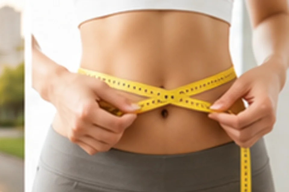 A patient measuring their waist and consulting a doctor about losing belly fat