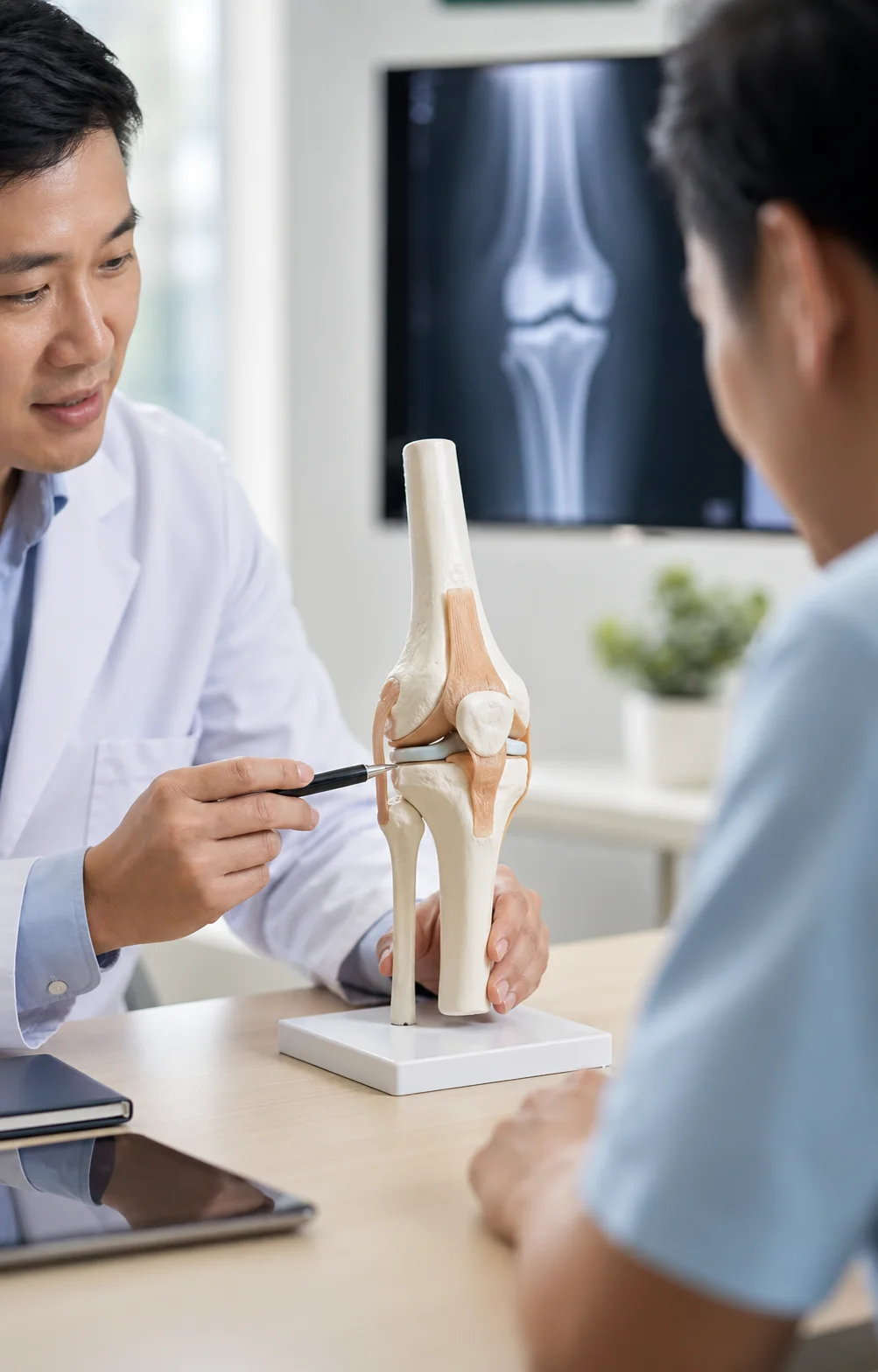 Doctor explaining knee osteoarthritis with a knee joint model