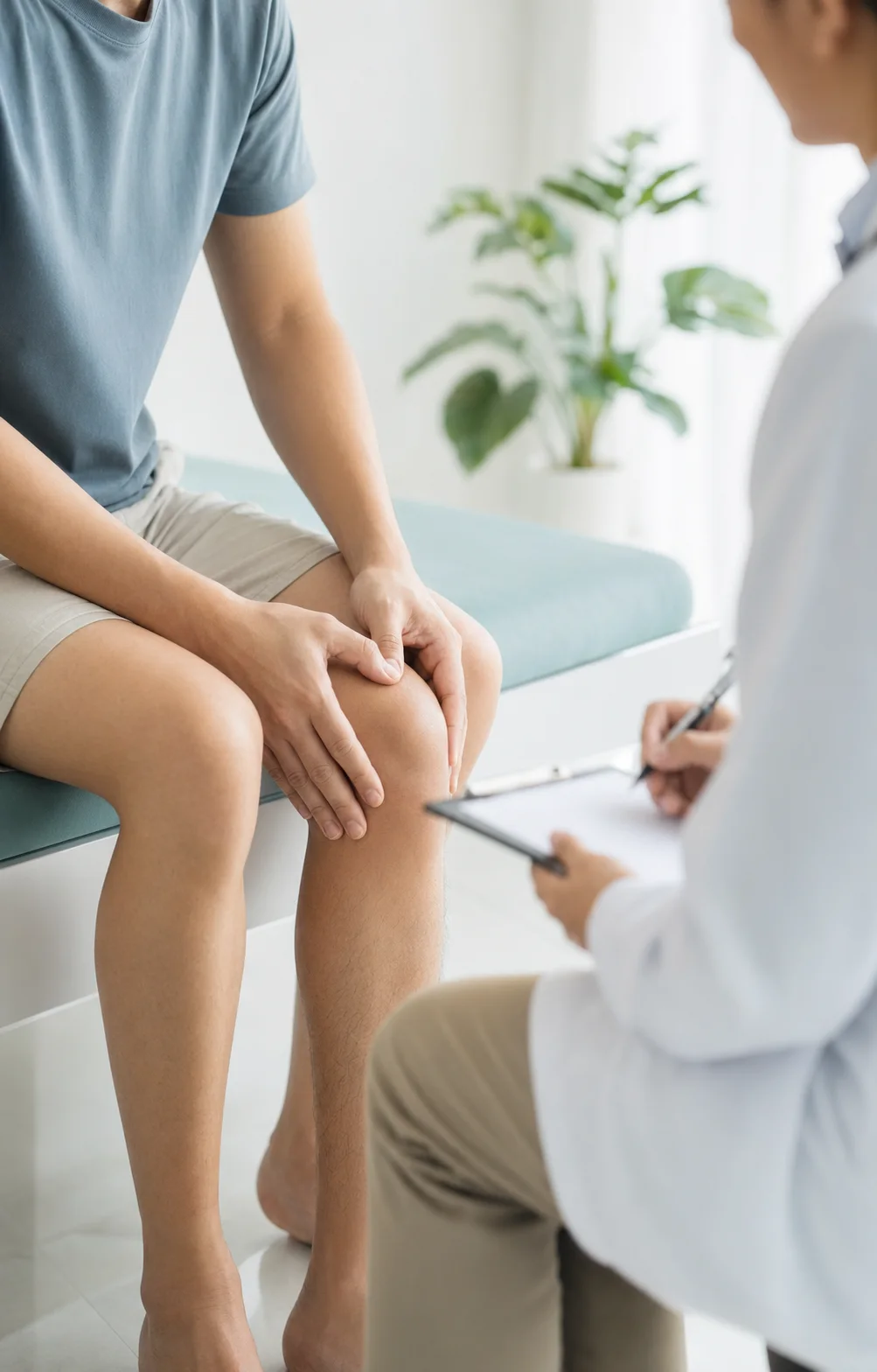 Doctor assessing knee pain with a patient in a consultation room