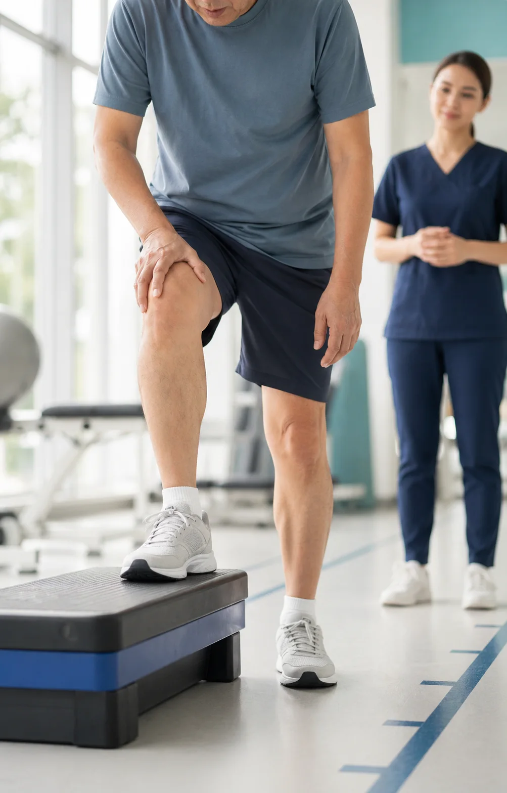 Patient being assessed for knee pain while walking in a rehabilitation area