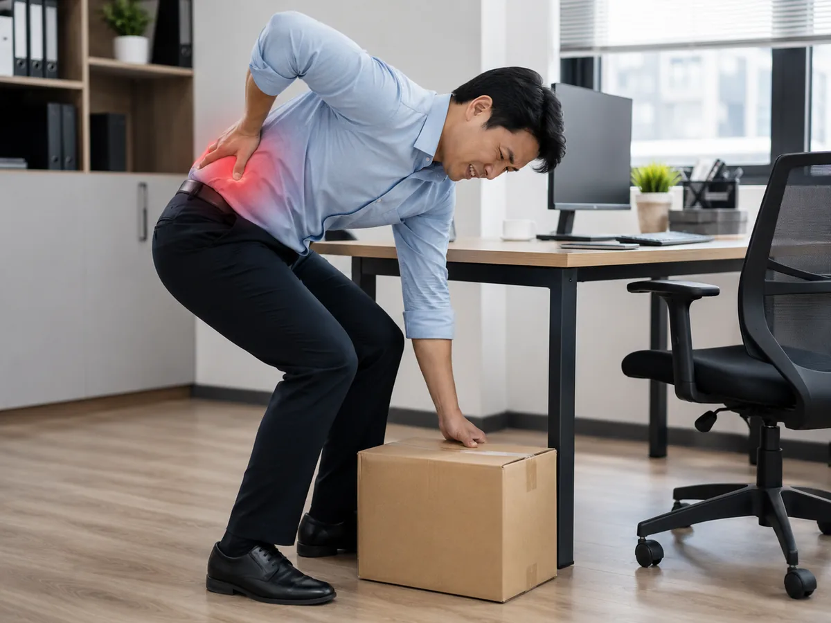 A worker lifting a box with a correct knee-bend posture to protect the lower back