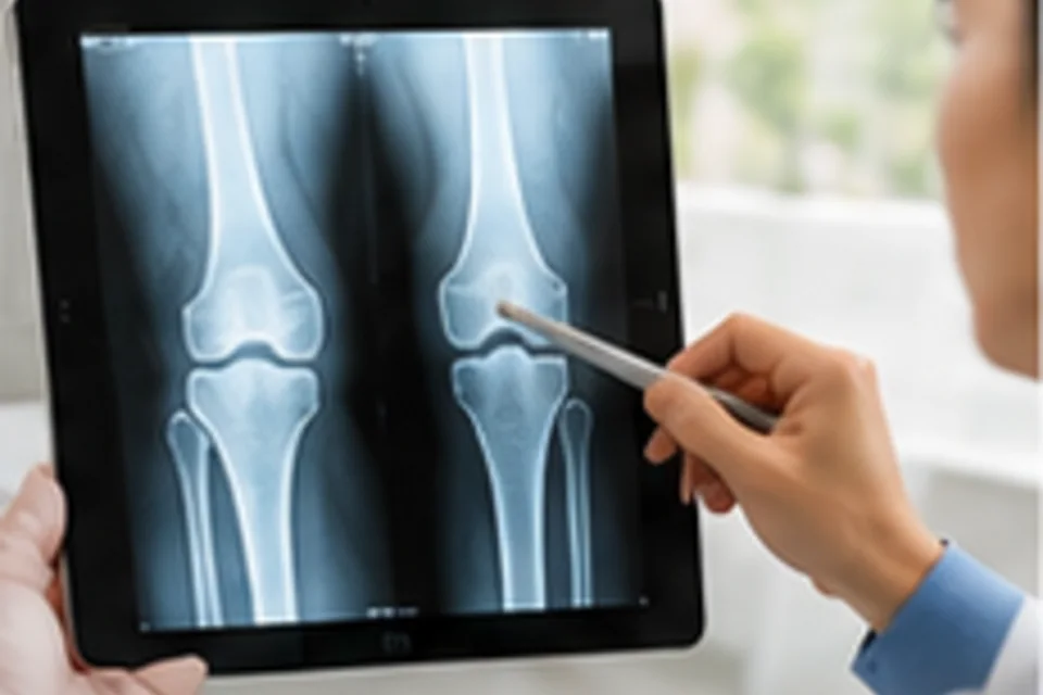 A doctor pointing at knee X-rays showing different stages of osteoarthritis