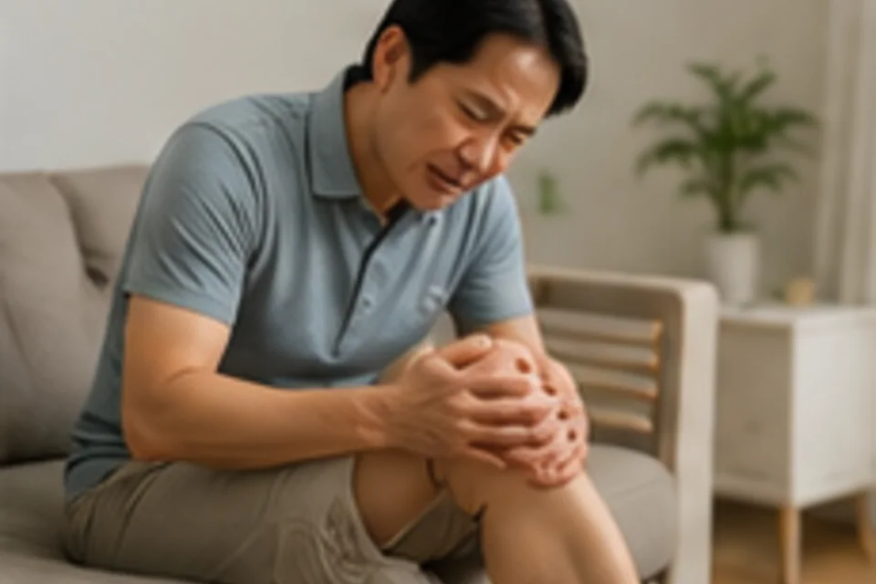 แพทย์ตรวจข้อเข่าและซักถามอาการปวดของผู้รับบริการในห้องตรวจ