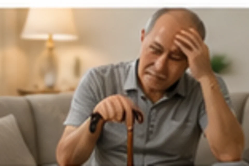 Older adult walking with difficulty due to long-untreated knee osteoarthritis