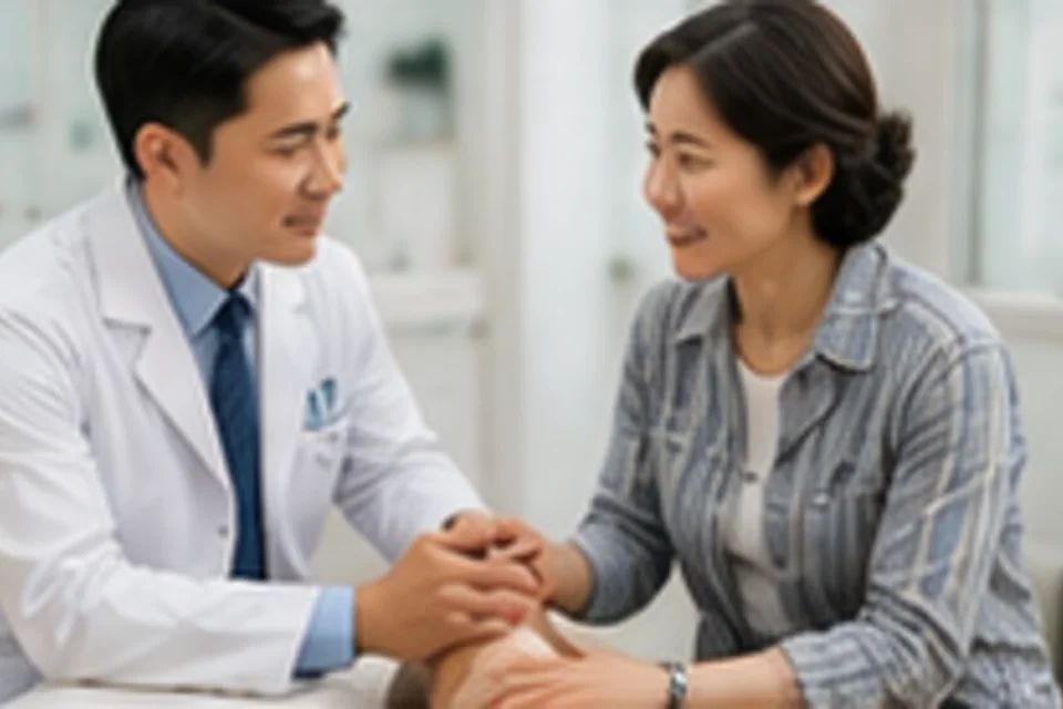 A patient consulting a doctor about knee pain in the clinic