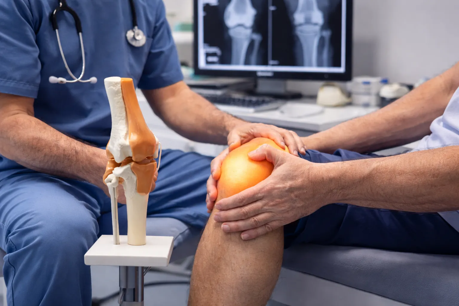 Physician examining a patient's knee with X-ray imaging at YOUNIFY Clinic